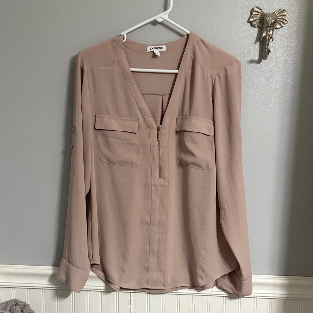Express Blush V-Neck Blouse with Gold Zipper